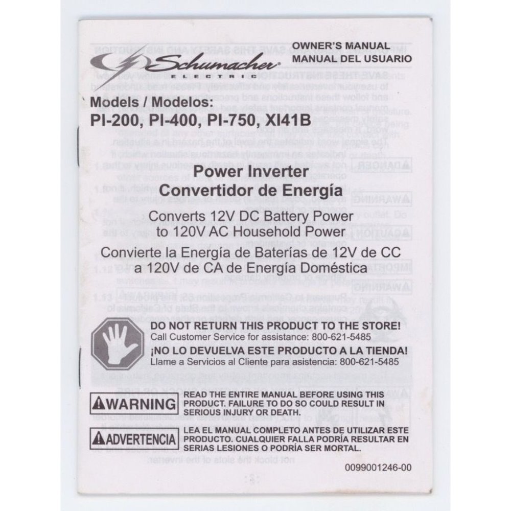 SCHUMACHER ELECTRIC POWER INVERTER MANUAL, ENG/SPAN, MODELS PI-200, 400, 750, X1